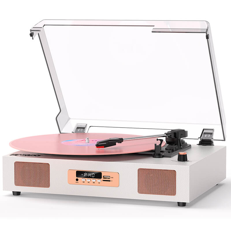 VICTRESS TE-2017 white and rose gold record player with a pink vinyl record