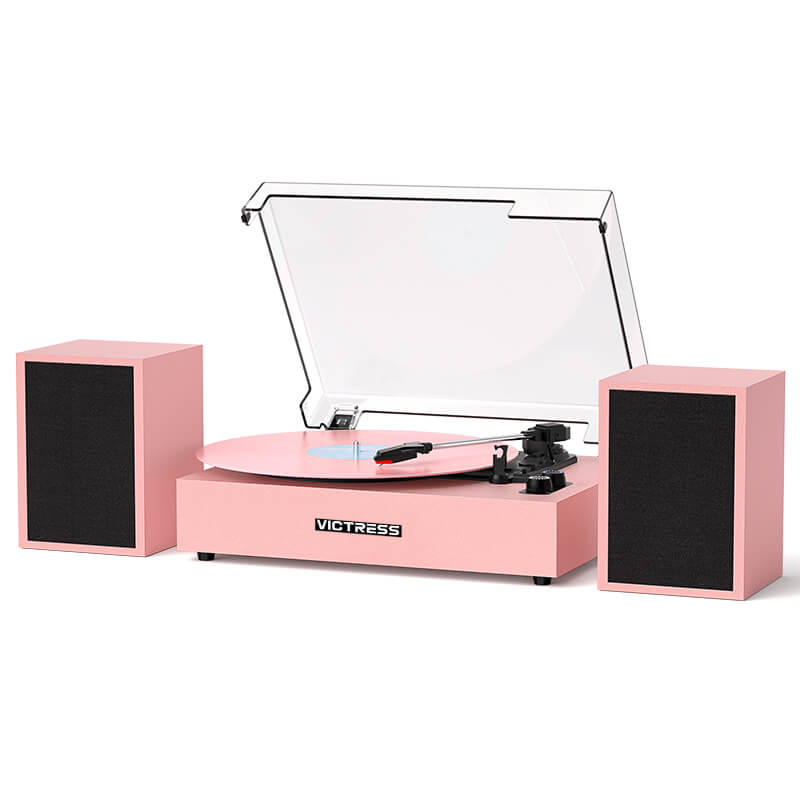 VICTRESS TE-2028C pink record player with two separate stereo speakers