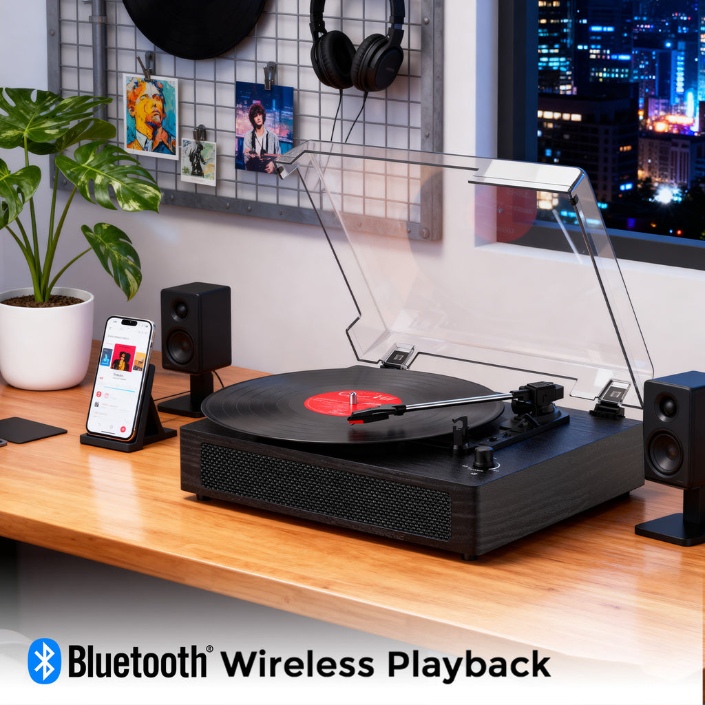 Tocadiscos portátil retro TE-2019 con altavoces integrados, modo ecualizador y grabación USB.