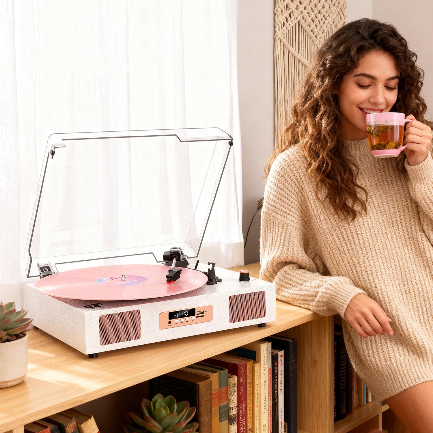 Tocadiscos Bluetooth TE-2017 con grabación USB, ecualizador y salida RCA.