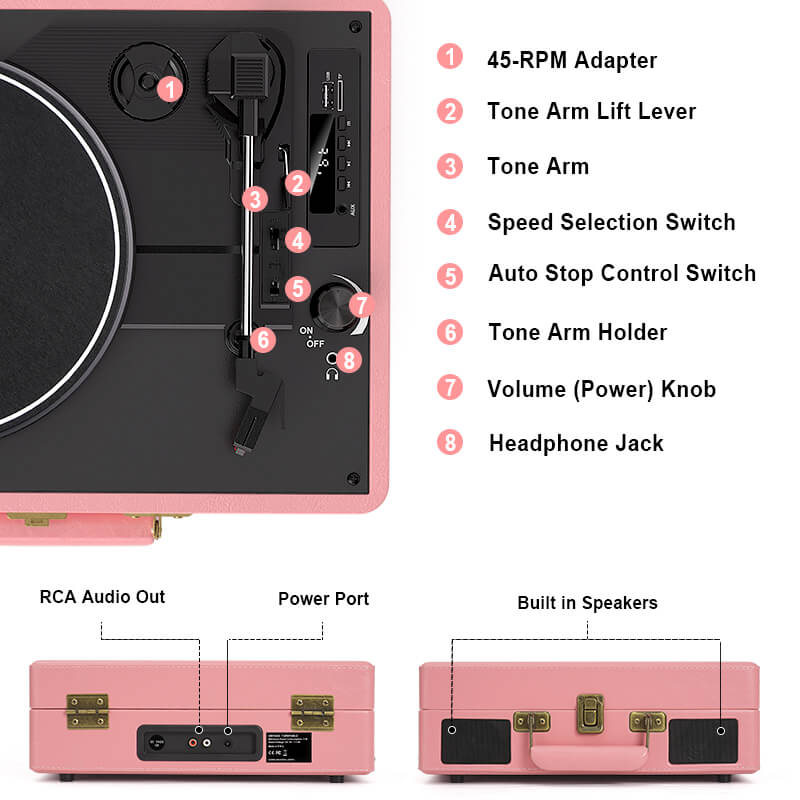 TE-2026 Pink Portable Turntable USB Recording and Bluetooth