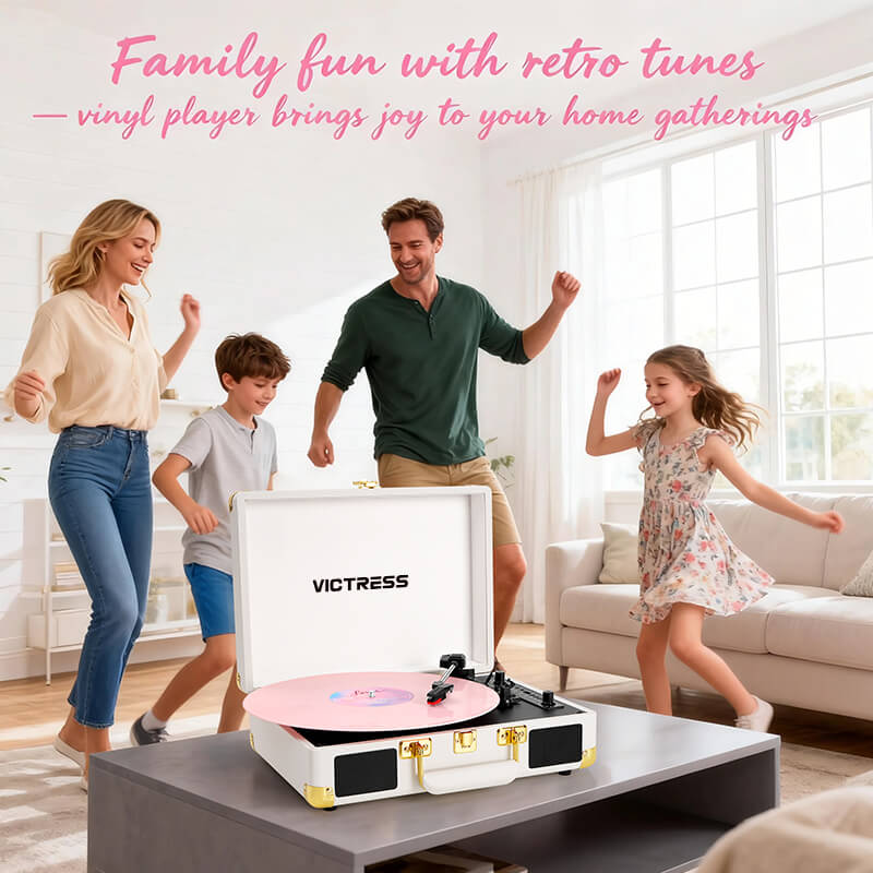 Tocadiscos portátil TE-2021 con Bluetooth 5.0, grabación USB y altavoces.