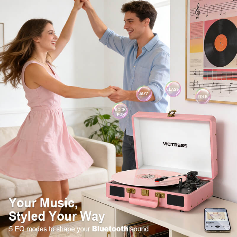 TE-2026 Pink Portable Turntable USB Recording and Bluetooth