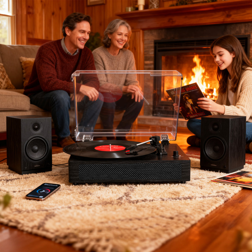 Tocadiscos portátil retro TE-2019 con altavoces integrados, modo ecualizador y grabación USB.