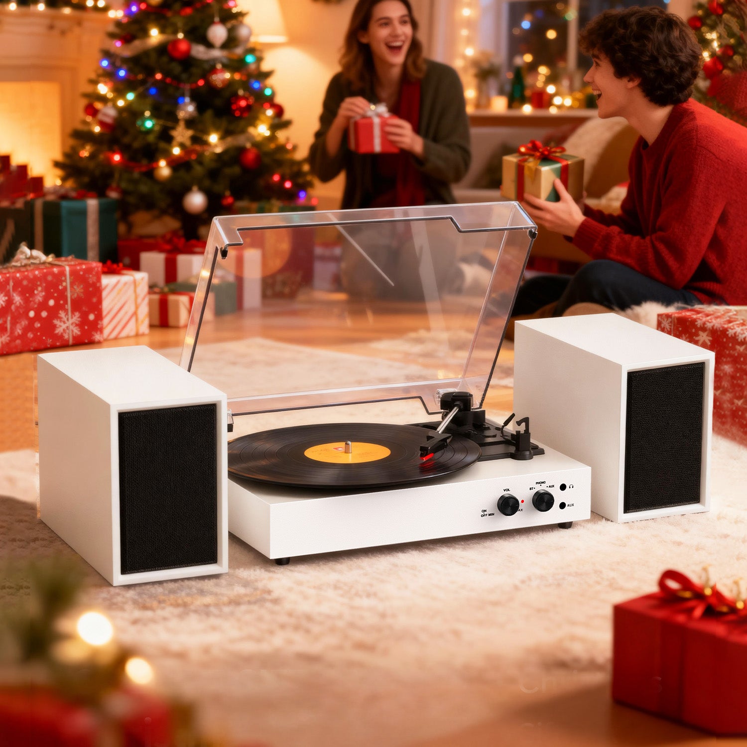 Sistema de tocadiscos TE-003 con altavoces externos, Bluetooth y grabación USB.