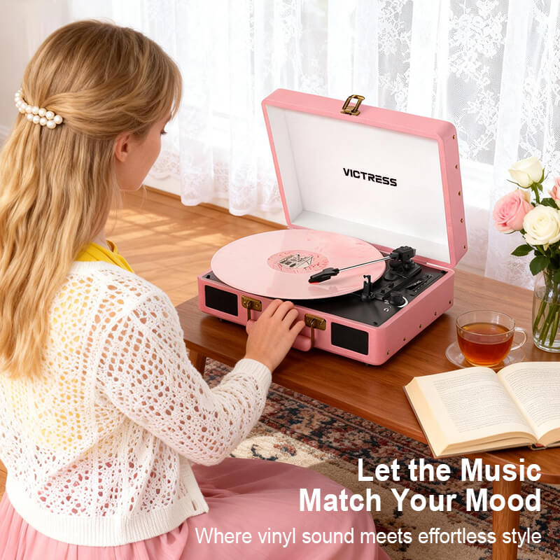 TE-2026 Pink Portable Turntable USB Recording and Bluetooth