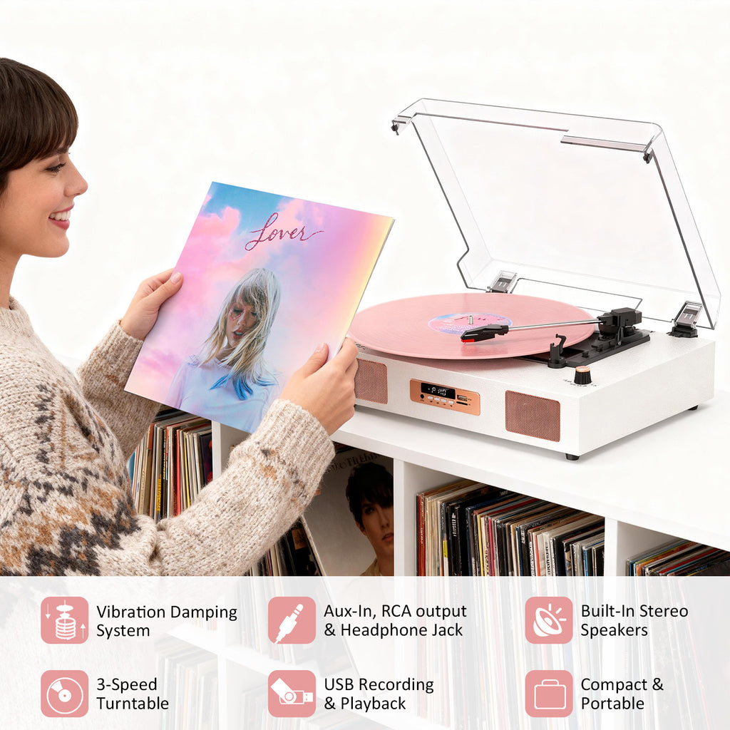 Tocadiscos Bluetooth TE-2017 con grabación USB, ecualizador y salida RCA.
