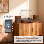 Sistema de tocadiscos TE-2028 de 3 velocidades con transmisión por correa y altavoces estéreo externos.