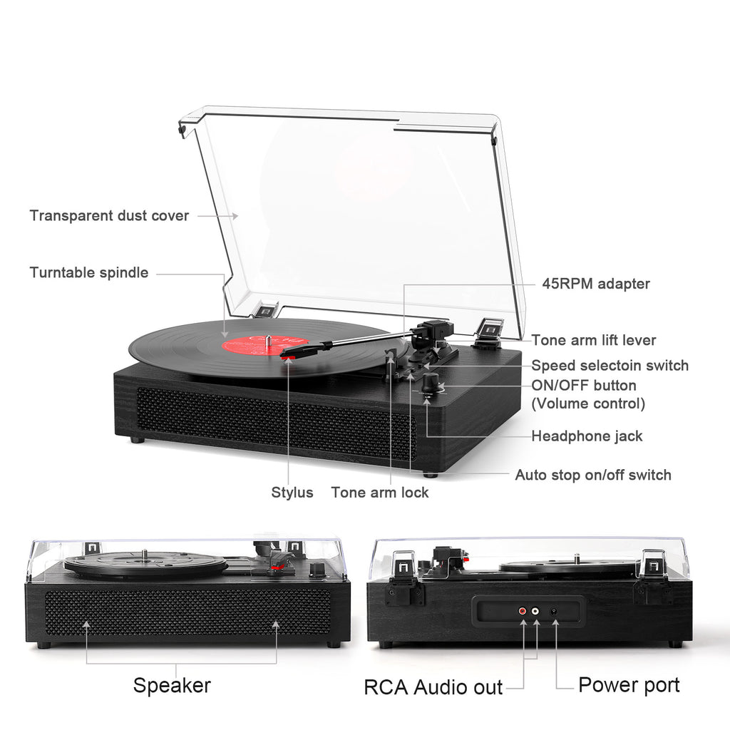 Tocadiscos portátil retro TE-2019 con altavoces integrados, modo ecualizador y grabación USB.