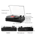 Tocadiscos portátil retro TE-2019 con altavoces integrados, modo ecualizador y grabación USB.