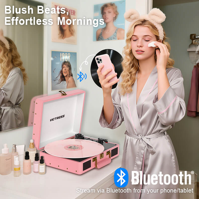 TE-2026 Pink Portable Turntable USB Recording and Bluetooth