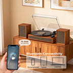 Sistema de tocadiscos TE-2028 de 3 velocidades con transmisión por correa y altavoces estéreo externos.