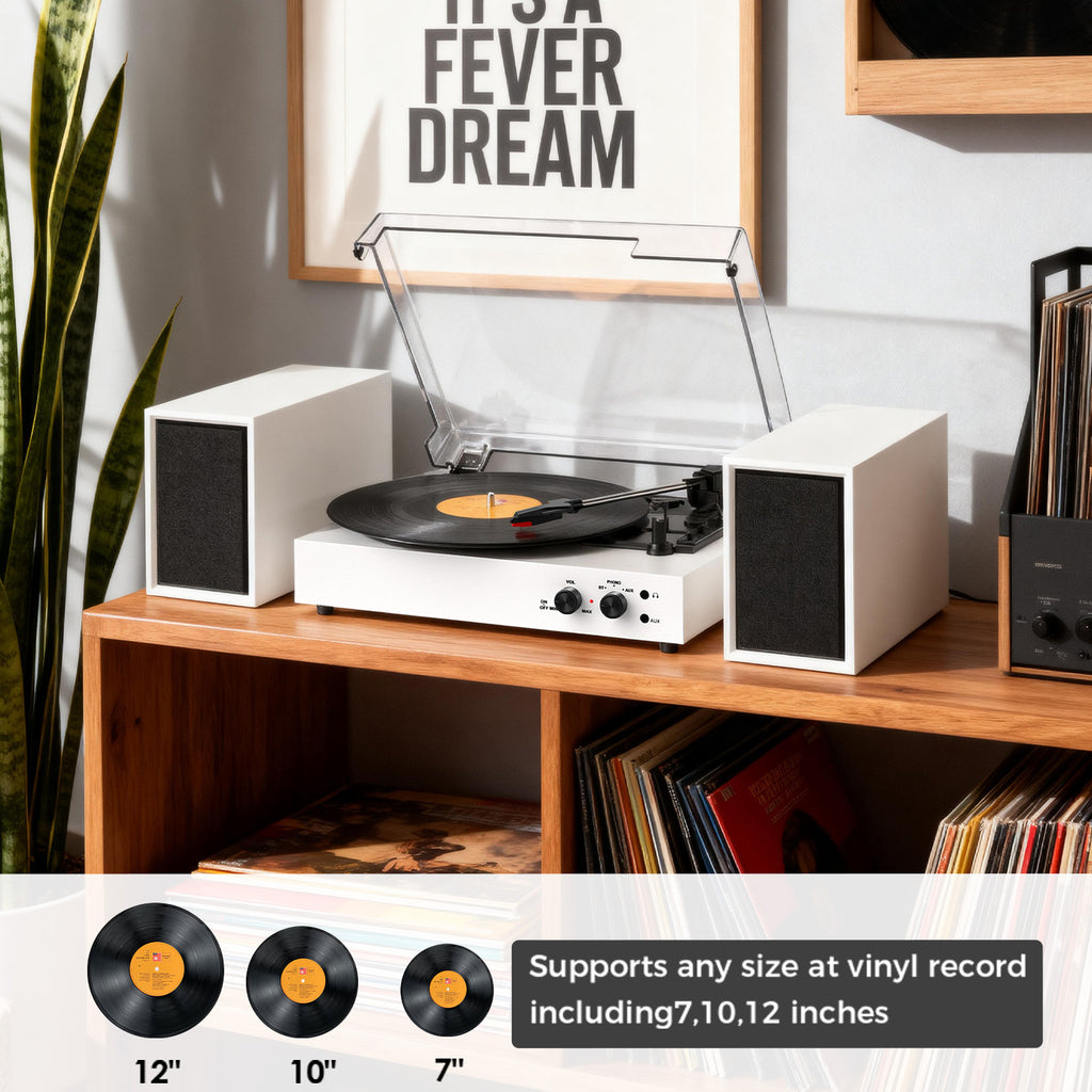 Sistema de tocadiscos TE-003 con altavoces externos, Bluetooth y grabación USB.