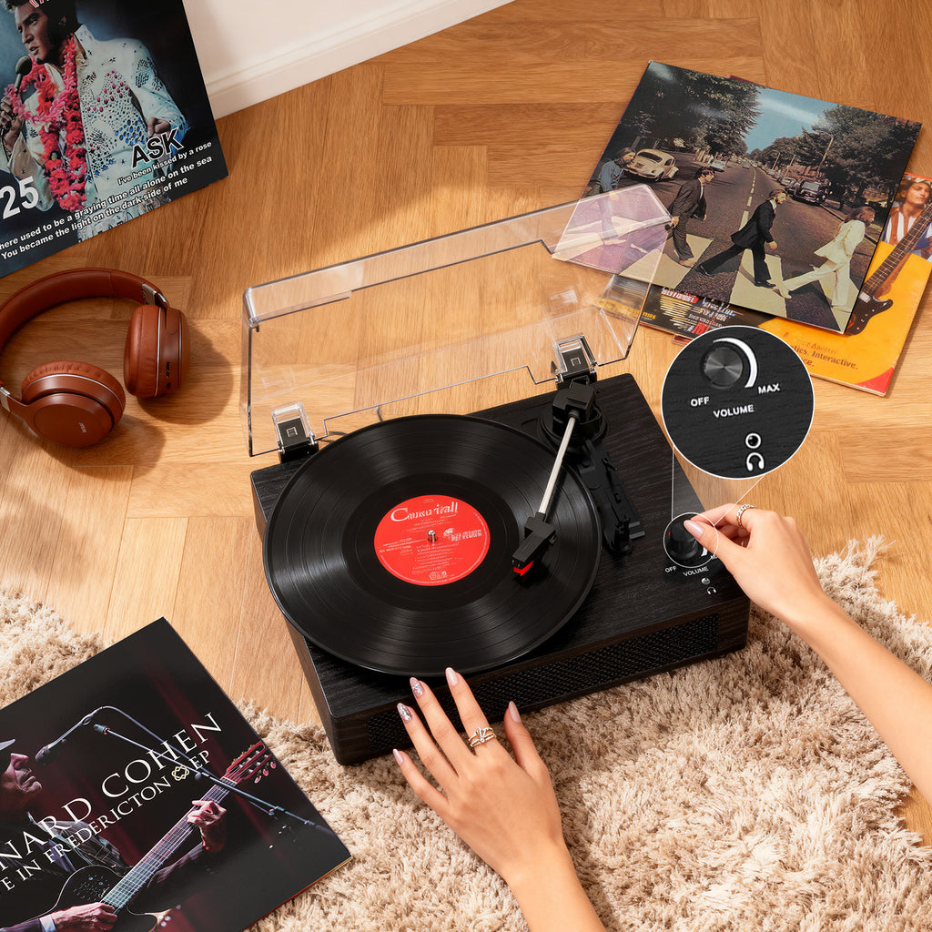 Tocadiscos portátil retro TE-2019 con altavoces integrados, modo ecualizador y grabación USB.