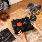 Tocadiscos portátil retro TE-2019 con altavoces integrados, modo ecualizador y grabación USB.
