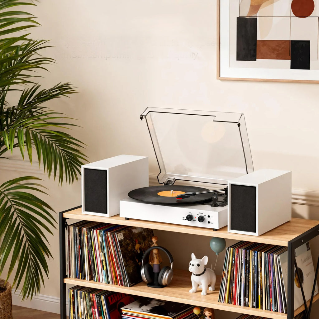 Sistema de tocadiscos TE-003 con altavoces externos, Bluetooth y grabación USB.