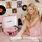 TE-2026 Pink Portable Turntable USB Recording and Bluetooth