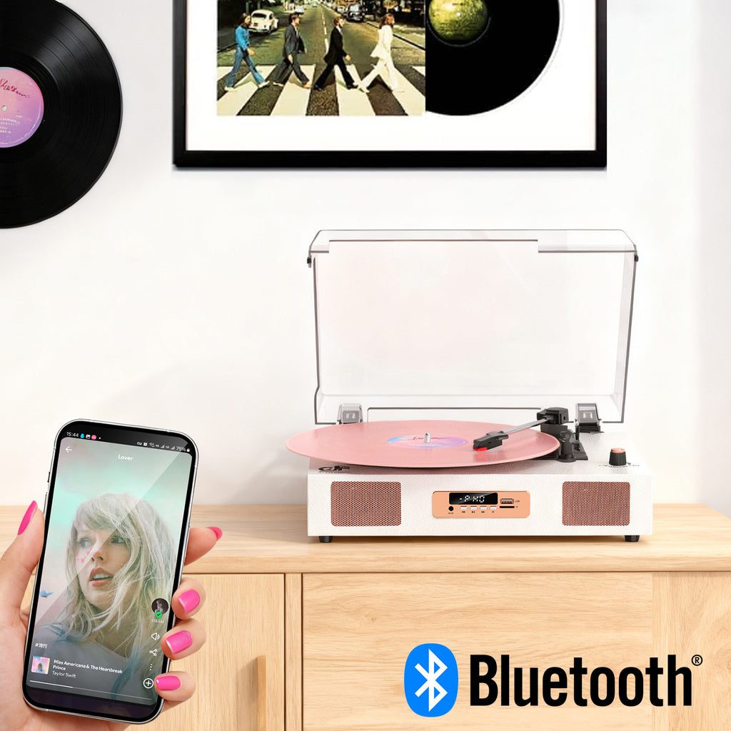 Tocadiscos Bluetooth TE-2017 con grabación USB, ecualizador y salida RCA.