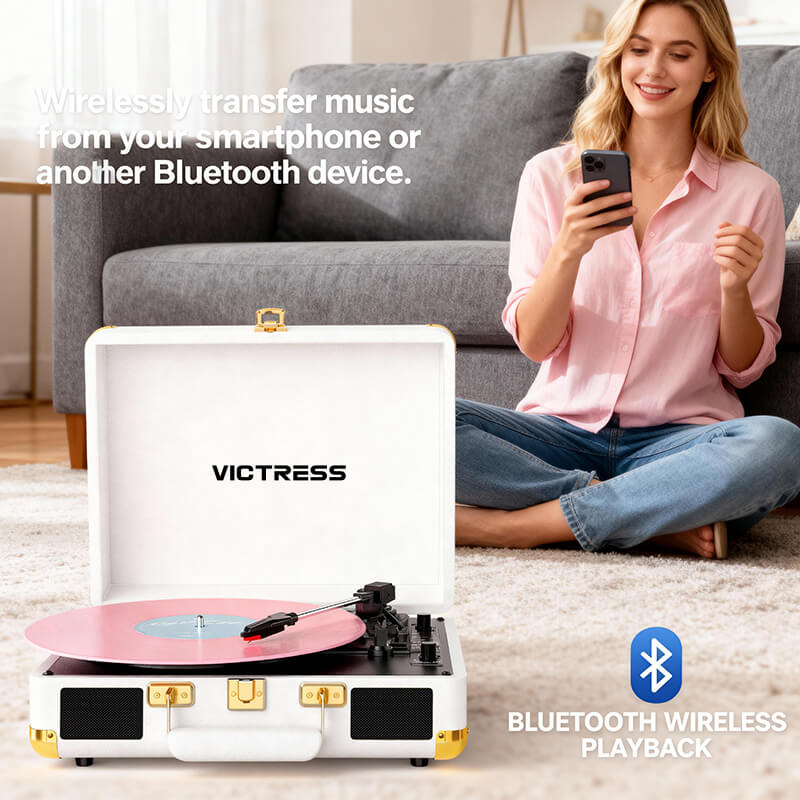 TE-2021 Bluetooth 5.0 Portable Turntable USB Recording and Speakers