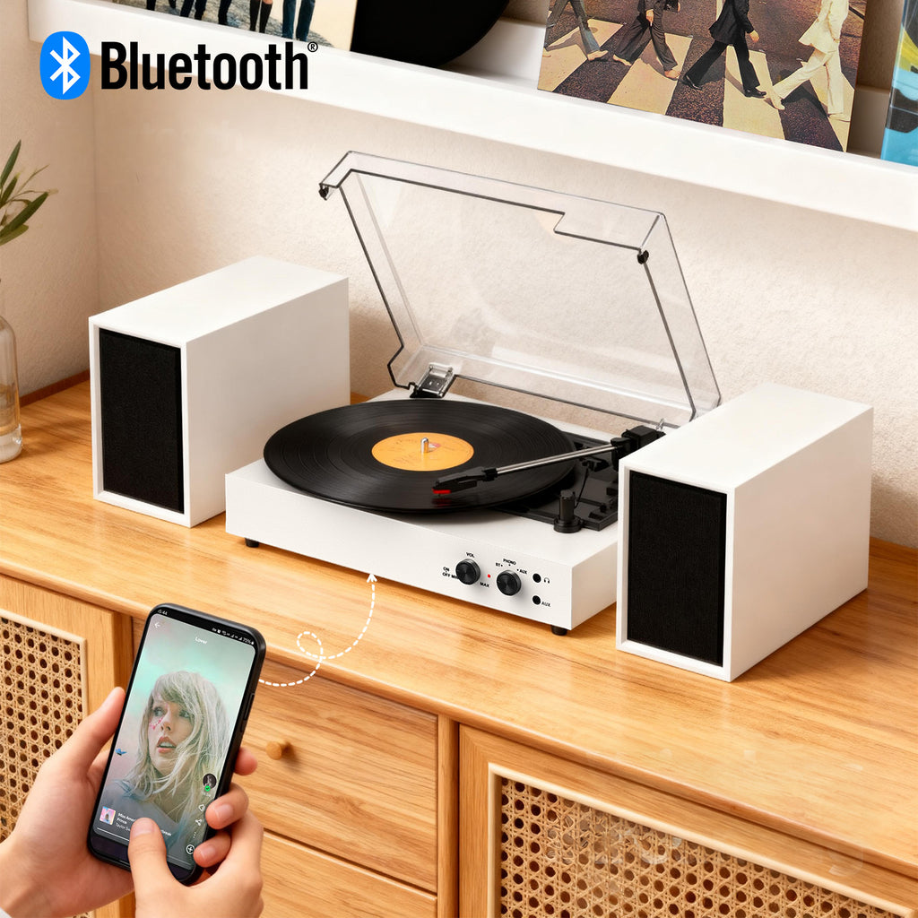 Sistema de tocadiscos TE-003 con altavoces externos, Bluetooth y grabación USB.
