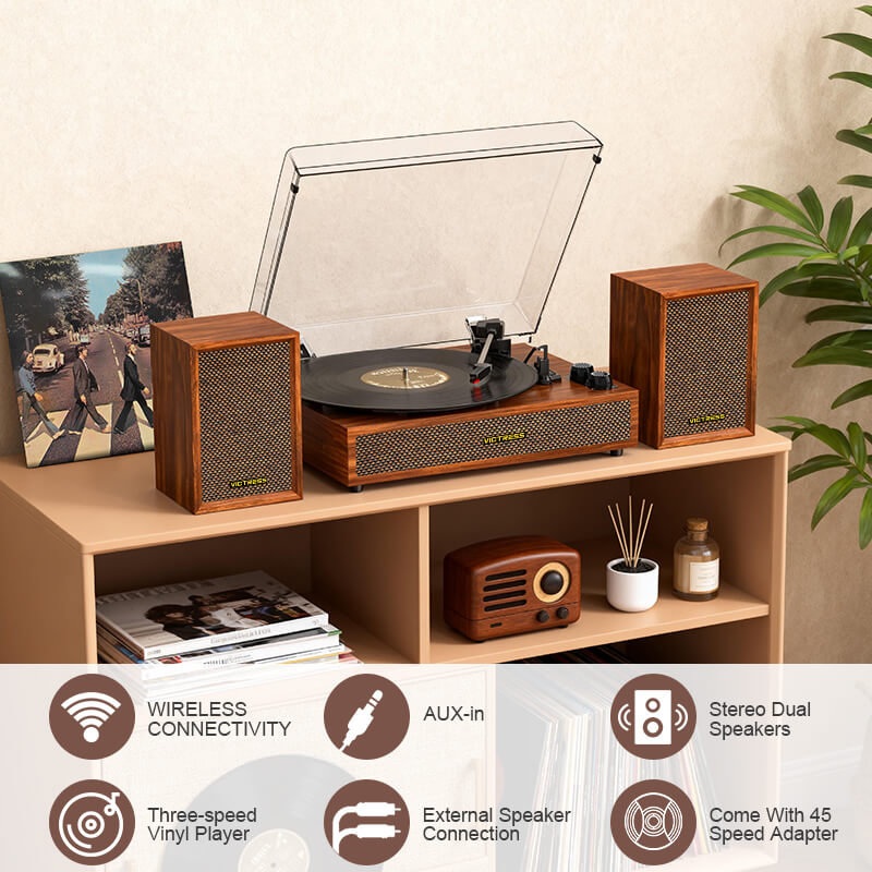 Sistema de tocadiscos TE-2028 de 3 velocidades con transmisión por correa y altavoces estéreo externos.