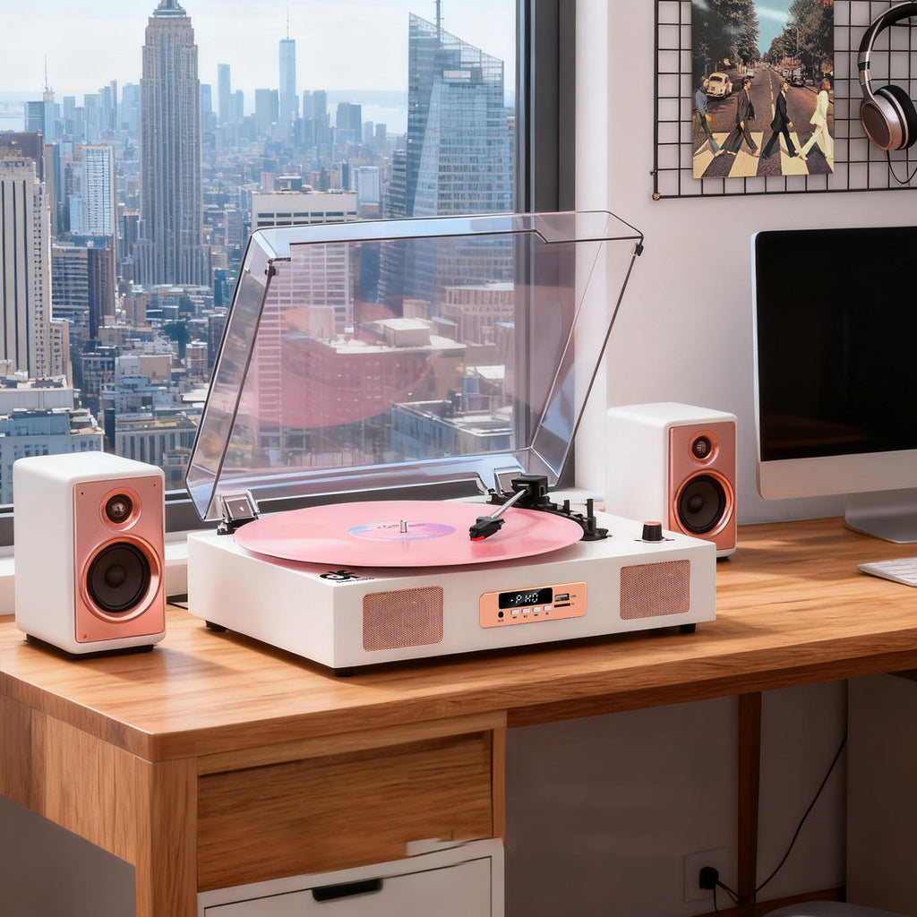 Tocadiscos Bluetooth TE-2017 con grabación USB, ecualizador y salida RCA.