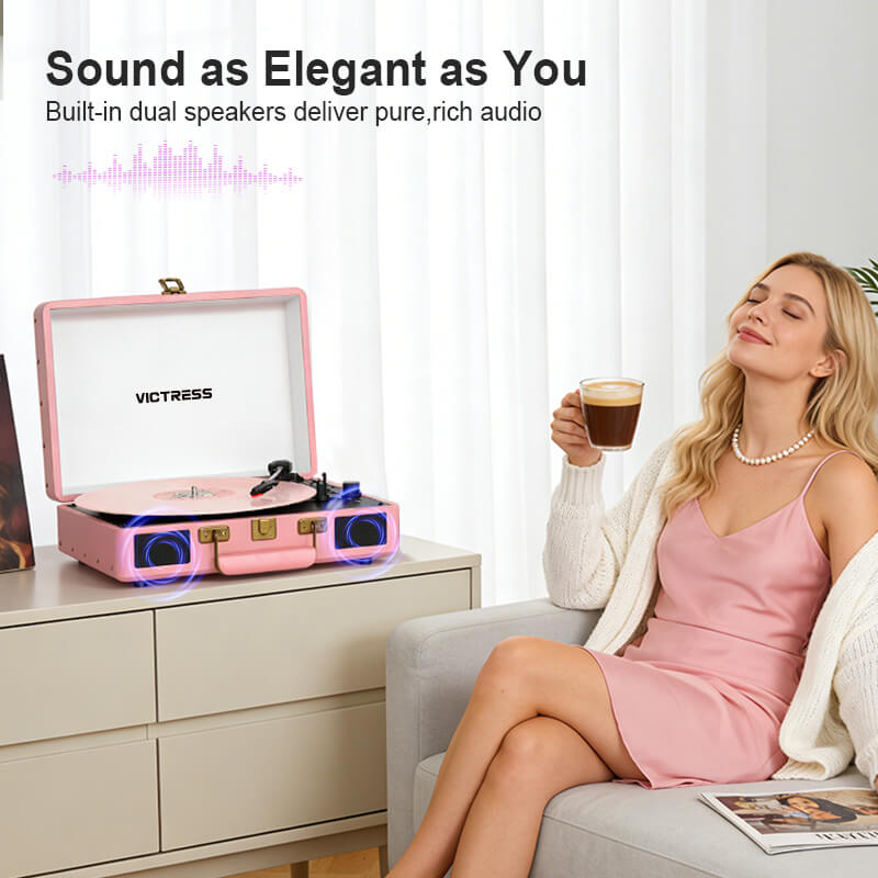 TE-2026 Pink Portable Turntable USB Recording and Bluetooth