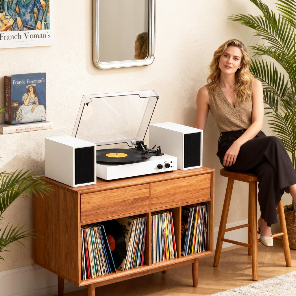 Sistema de tocadiscos TE-003 con altavoces externos, Bluetooth y grabación USB.