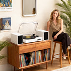 Sistema de tocadiscos TE-003 con altavoces externos, Bluetooth y grabación USB.