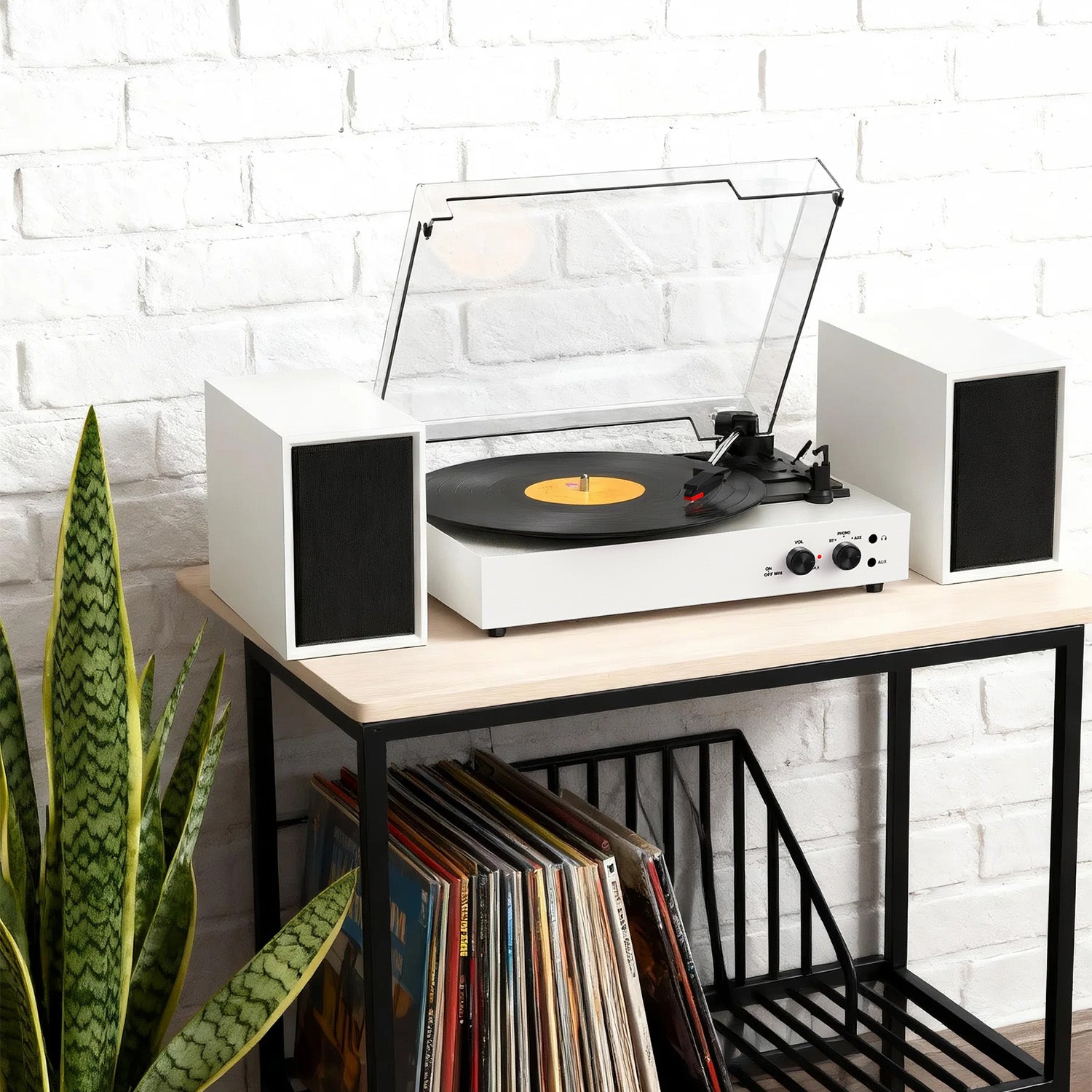 Sistema de tocadiscos TE-003 con altavoces externos, Bluetooth y grabación USB.