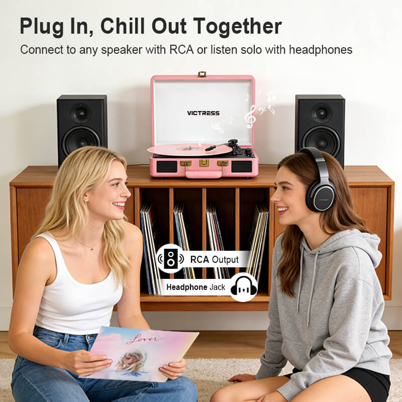 TE-2026 Pink Portable Turntable USB Recording and Bluetooth