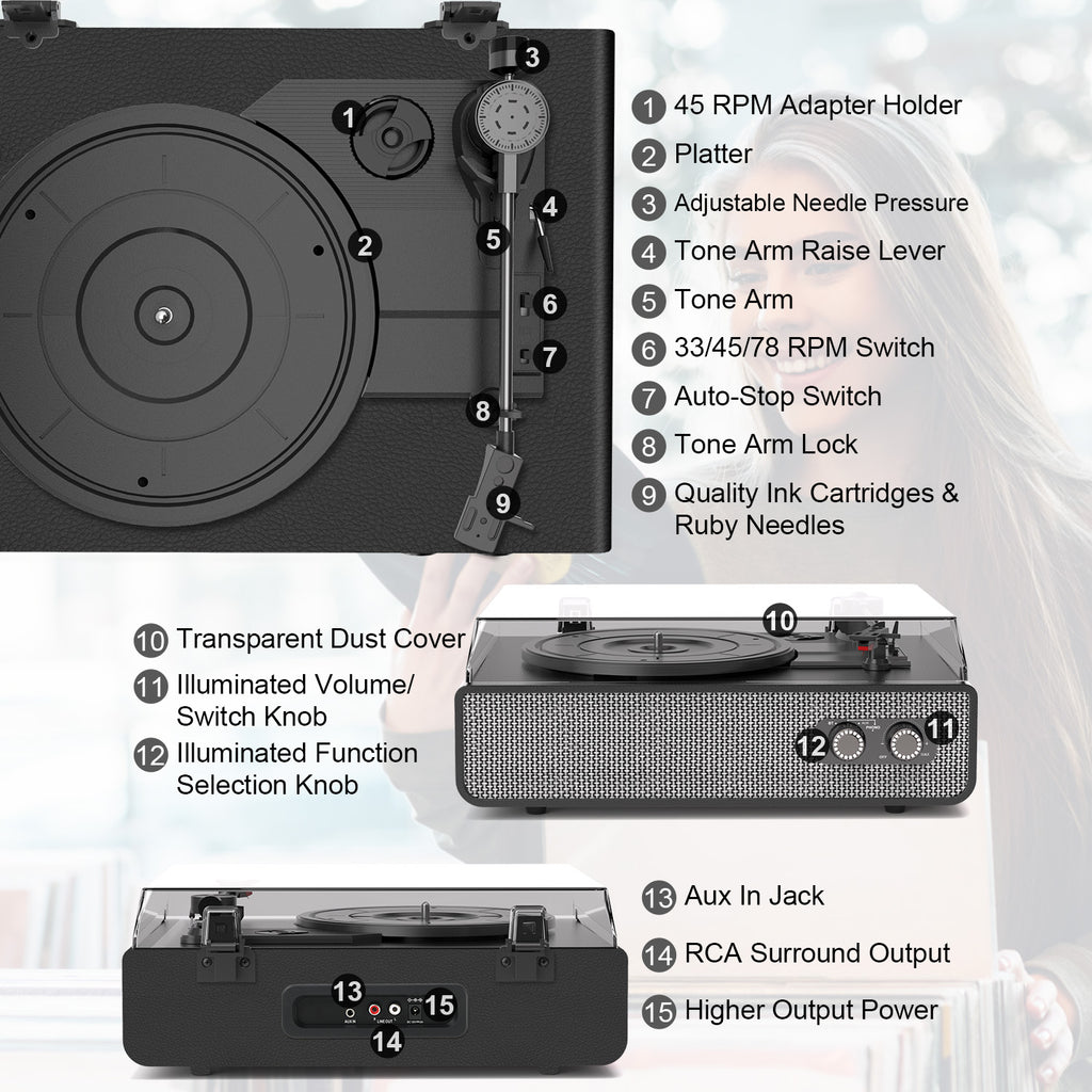Tocadiscos Bluetooth TE-2018 de cuero negro con parada automática y salida RCA.