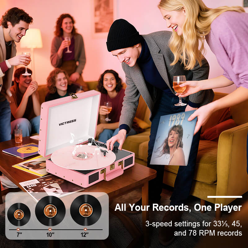 TE-2026 Pink Portable Turntable USB Recording and Bluetooth