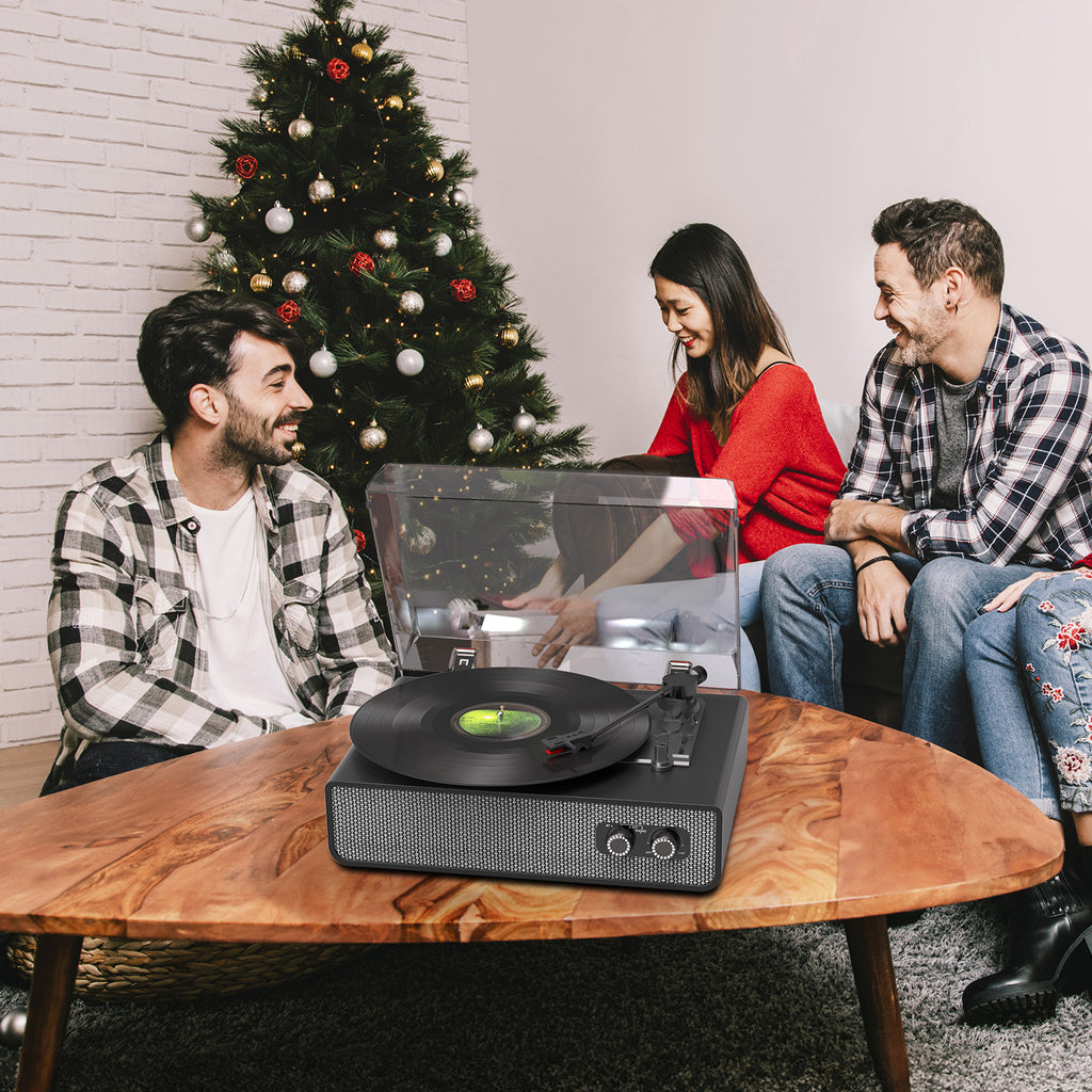 Tocadiscos Bluetooth TE-2018 de cuero negro con parada automática y salida RCA.