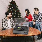 Tocadiscos Bluetooth TE-2018 de cuero negro con parada automática y salida RCA.