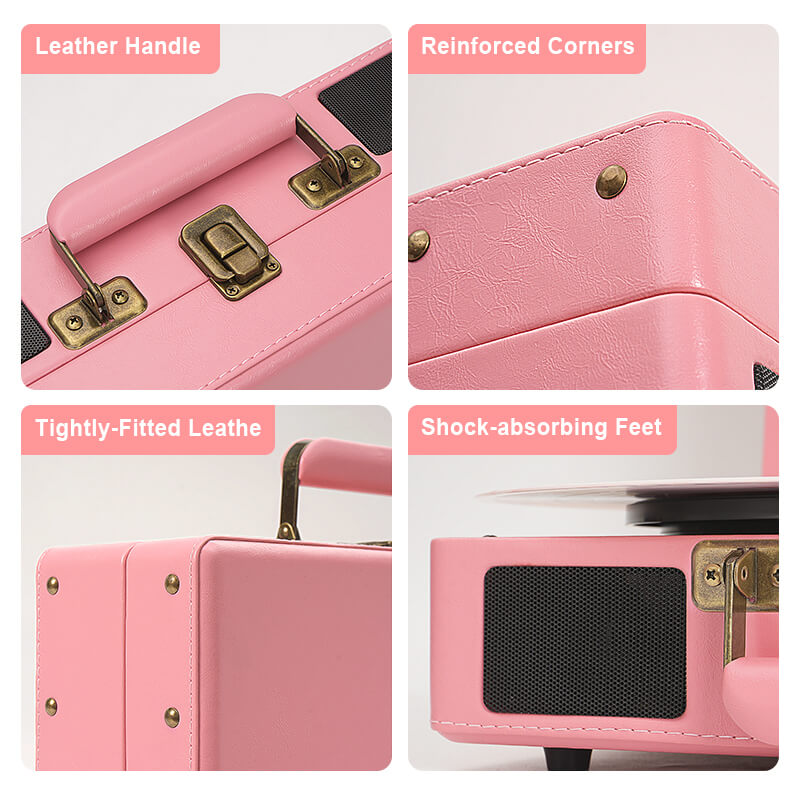 TE-2026 Pink Portable Turntable USB Recording and Bluetooth
