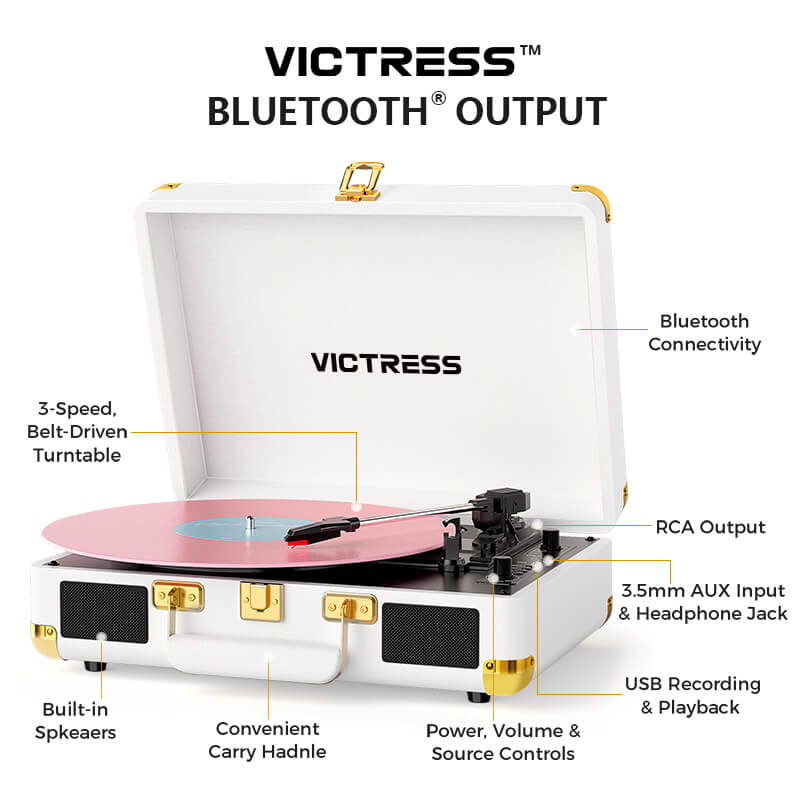 TE-2021 Bluetooth 5.0 Portable Turntable USB Recording and Speakers