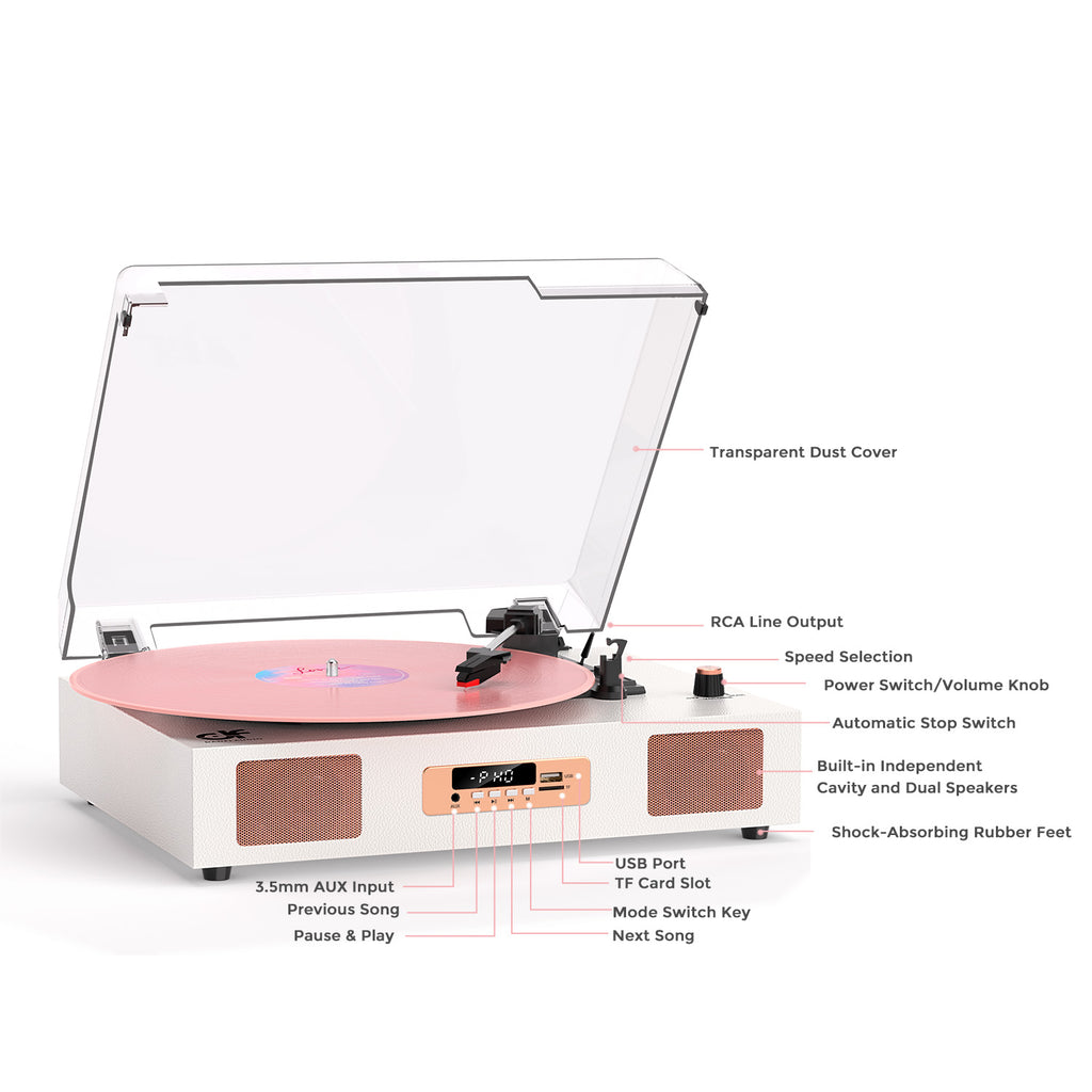 Tocadiscos Bluetooth TE-2017 con grabación USB, ecualizador y salida RCA.