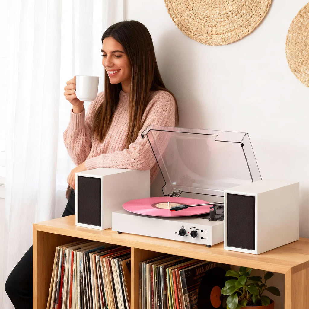 Sistema de tocadiscos TE-003 con altavoces externos, Bluetooth y grabación USB.