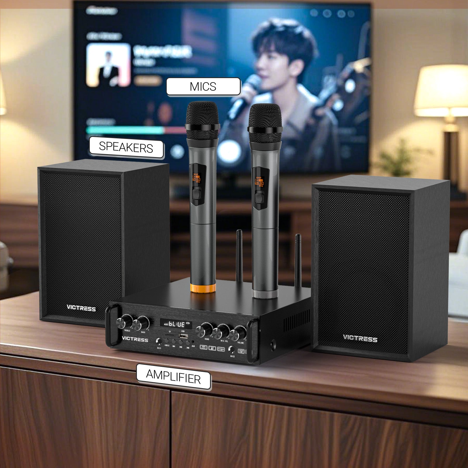 Victress AH001 450W Hi-Fi Bluetooth Amplifier with Wireless Microphones