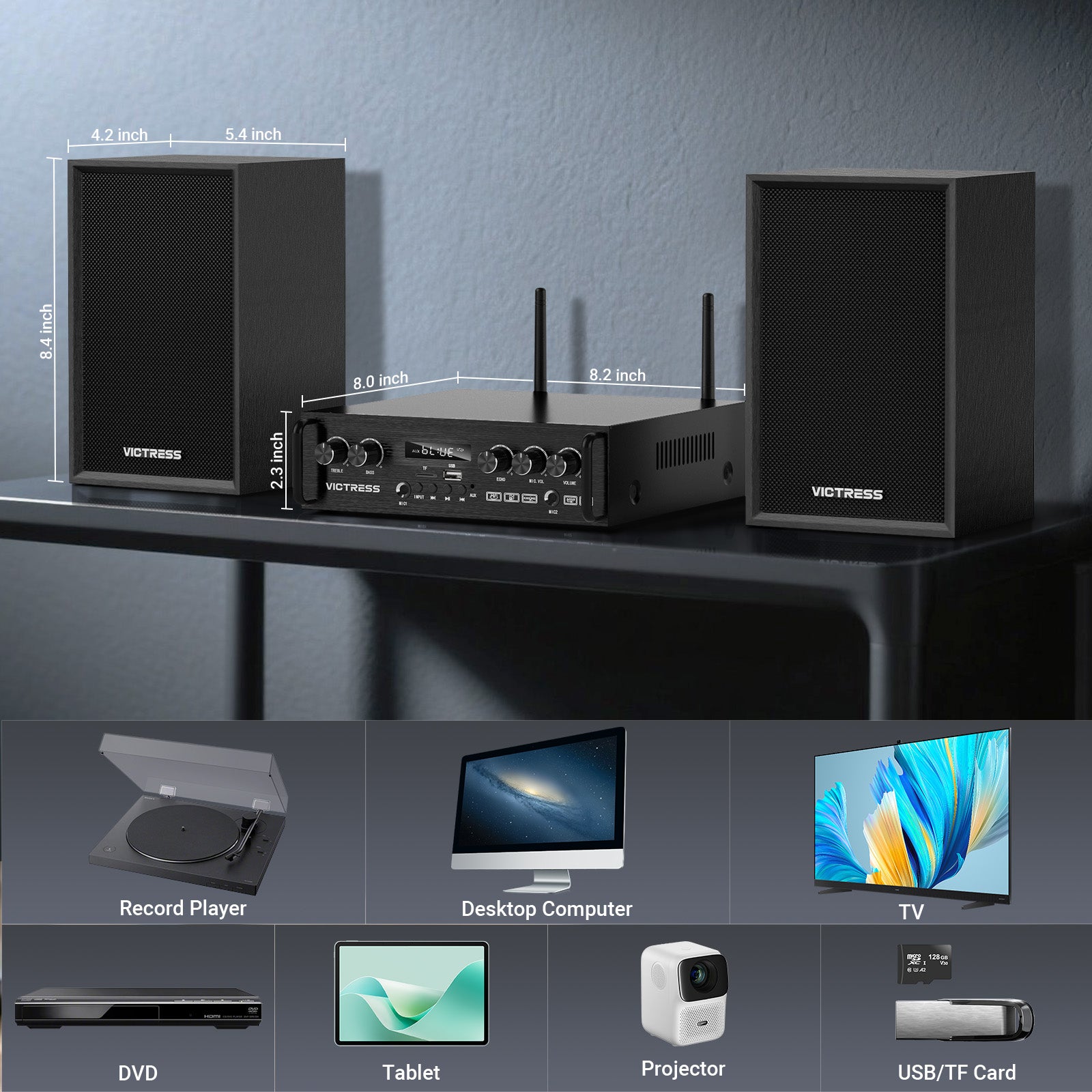 Victress AH001 450W Hi-Fi Bluetooth Amplifier with Wireless Microphones