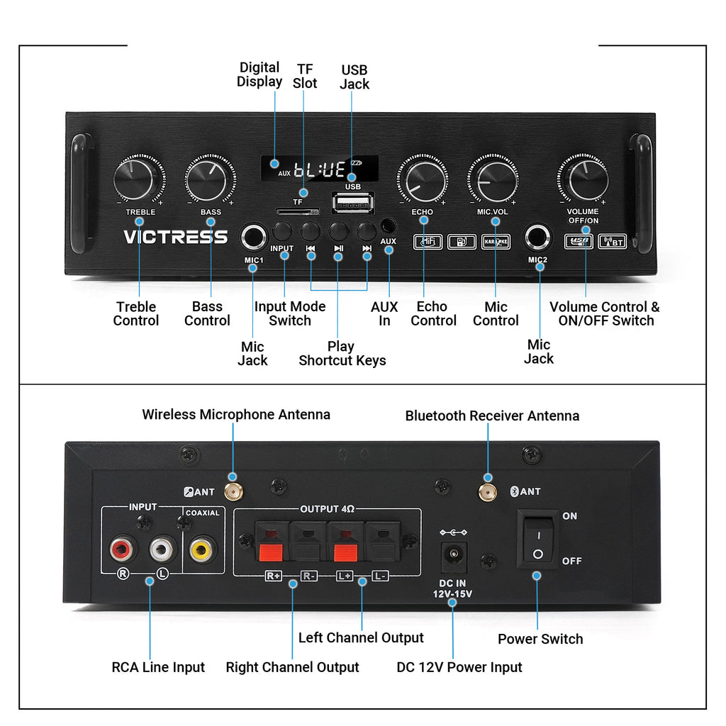 Victress AH001 450W Hi-Fi Bluetooth Amplifier with Wireless Microphones