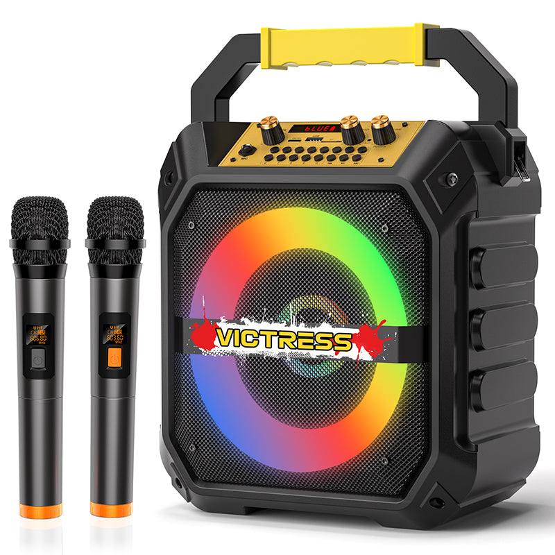 K170 Portable Karaoke Machine Dual Wireless Mics and RGB Disco Lights