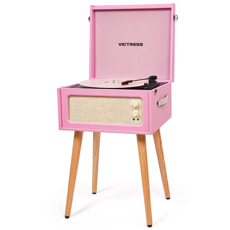 Tocadiscos de pie TE-2015C rosa con 4 altavoces, alta fidelidad, conexión USB y grabación en PC.