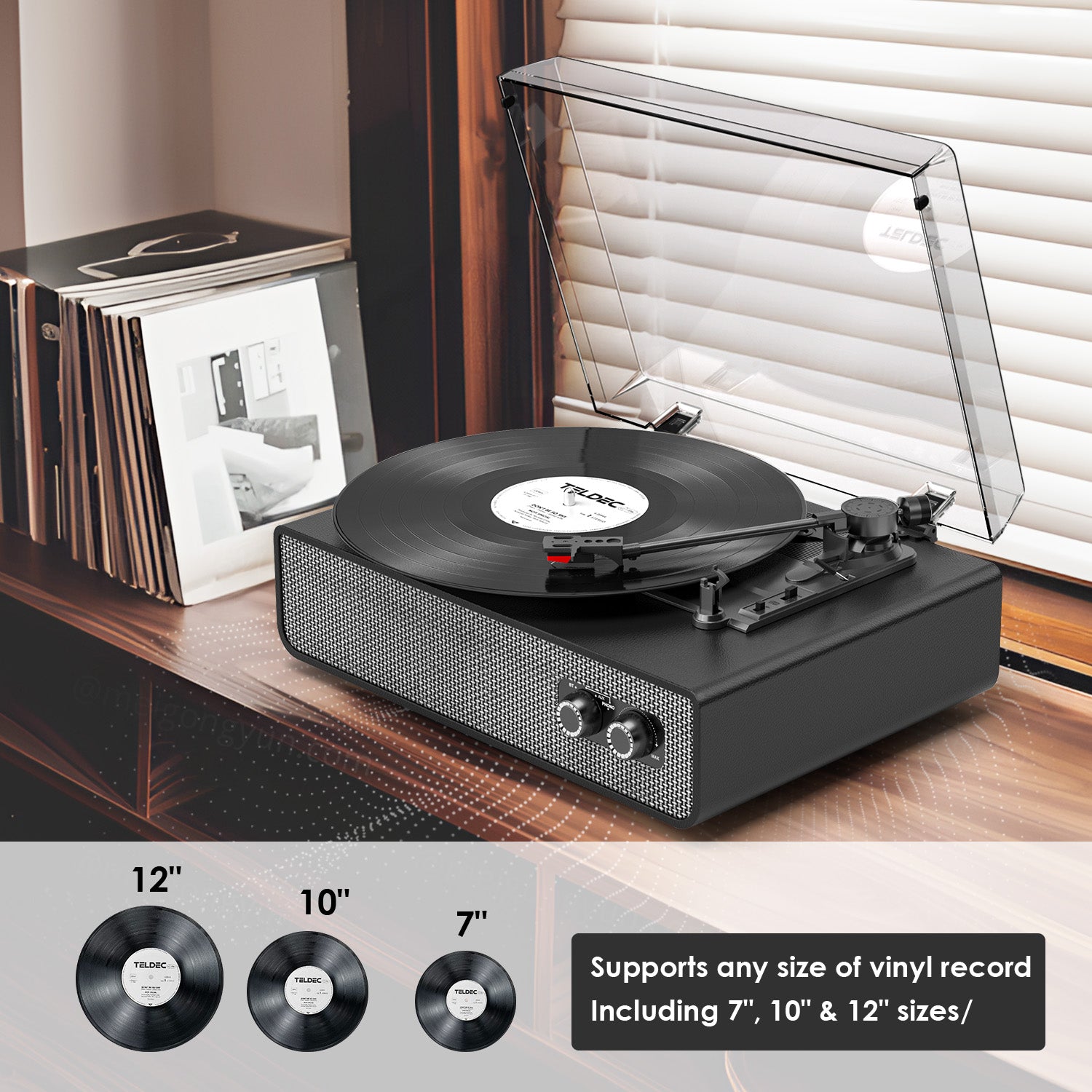 Tocadiscos Bluetooth TE-2018 de cuero negro con parada automática y salida RCA.