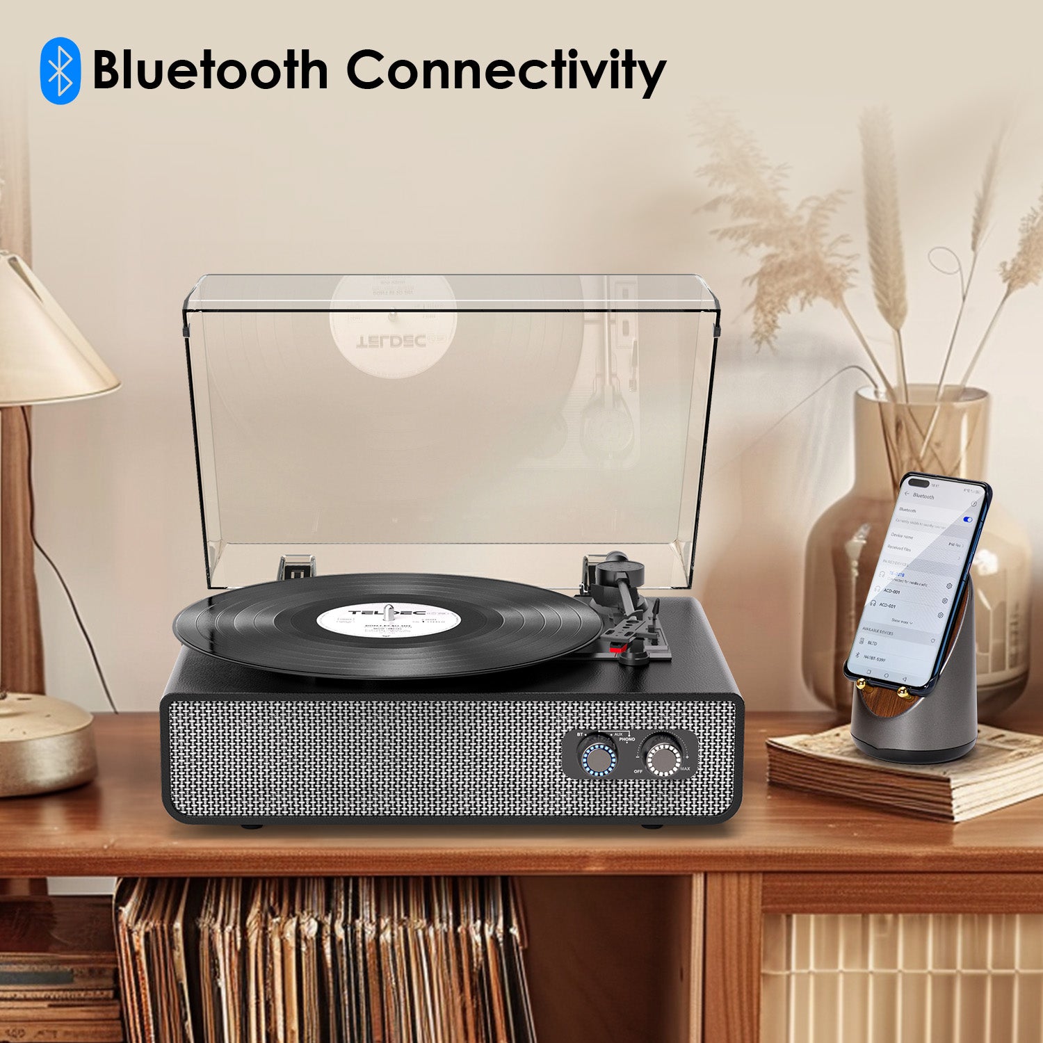 Tocadiscos Bluetooth TE-2018 de cuero negro con parada automática y salida RCA.