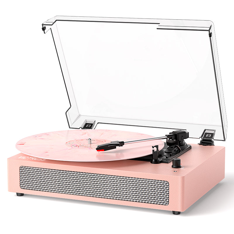 Tocadiscos portátil retro TE-2019 con altavoces integrados, modo ecualizador y grabación USB.