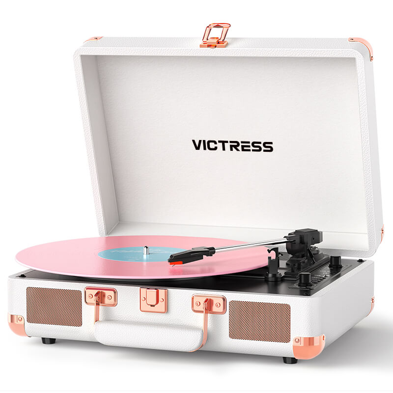 Tocadiscos portátil TE-2021 con Bluetooth 5.0, grabación USB y altavoces.