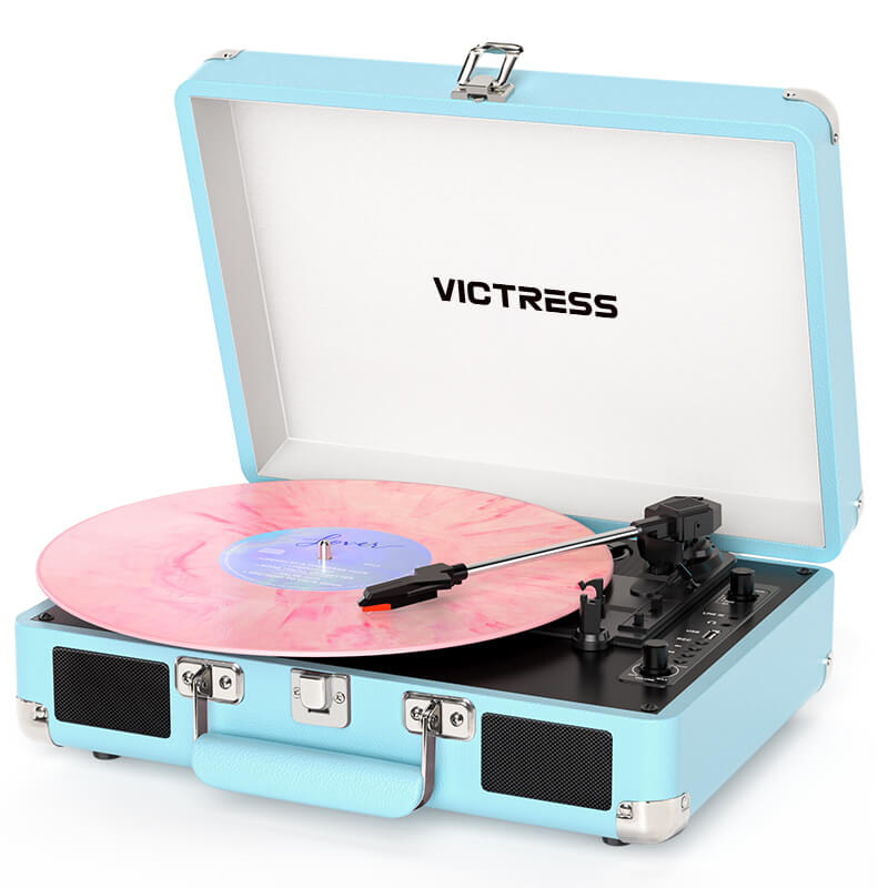 Tocadiscos portátil TE-2021 con Bluetooth 5.0, grabación USB y altavoces.
