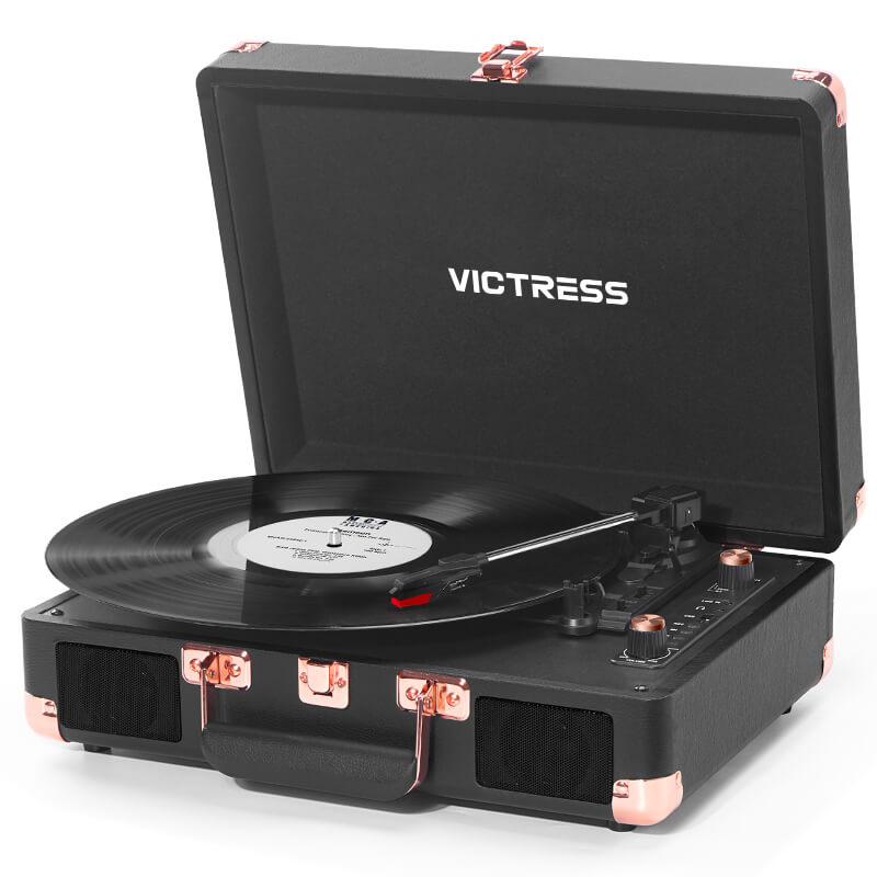 Tocadiscos portátil TE-2021 con Bluetooth 5.0, grabación USB y altavoces.